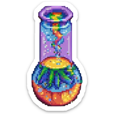 8-bit pixel art of a lab beaker filled with shimmering, bubbling rainbow liquid sticker