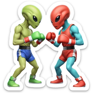 two aliens boxing in a fight stance, facing each other with raised gloves, dynamic action pose, intense expressions, sci-fi arena vibe, 3D cartoon style, mobile game icon style, clean background, no text, no watermark
 sticker