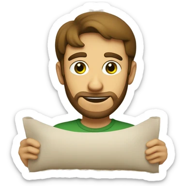 a light-skinned green-eyed man with brown hair sitting in front of the paper scroll  sticker