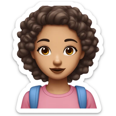 girl has darkbrown curlyhair and brown eye  a skin between white and brown and a Asian type nose and a mole uner her nose and between har first lip and her nose and she has also kinda big forhead and pink kinda big lips and wearing a pink and blue t shirt sticker