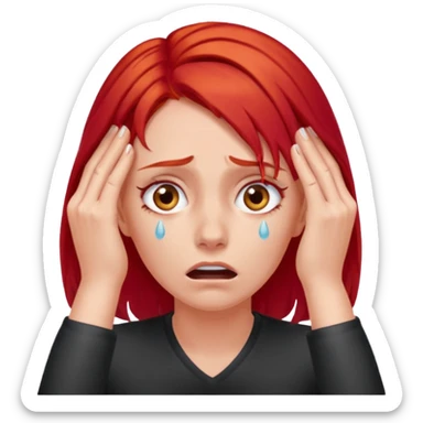 A realistic waist-up portrait of a frightened woman with her hands on her head and red hair sticker