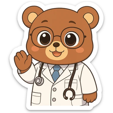 Make the anime style bear as a doctor cuter by giving it bigger eyes and a rounder face. Keep no background. The style should remain anime-like. sticker