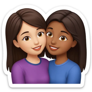 A girl kisses her friend The girls' hair color is dark brown. With wheatish skin  sticker