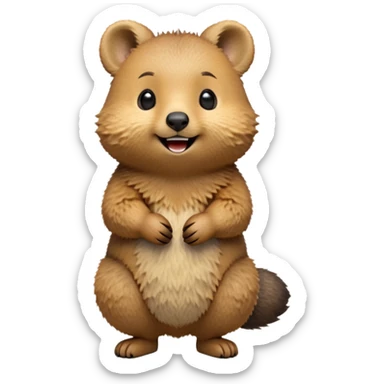 cinematic-quokka-realistic-full-body-standing-emoji,-small-round-frame-balanced-on-tiny-strong-hind-legs,giant fluffy cheeks large smile-fluffy-brown-fur-radiating-a-warm-softness,-big-round-eyes-filled-with-joy-and-innocence,-tiny-clawed-paws-held-close-to-chest,-cheerful-smile-exuding-endearing-happiness,-simplified-yet-realistic-focused-features,-highly-detailed,-glowing-with-a-sunny-warmth sticker
