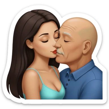 Beautiful woman with long dark hair, kissing a older Hispanic  bald man sticker
