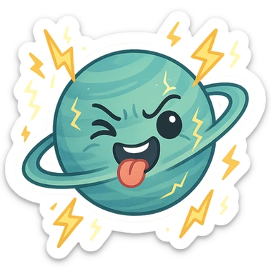 Uranus emoji with a playful, chaotic face, blue-green planet, swirling rings, lightning effects, representing electric, unexpected change sticker