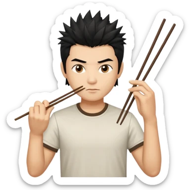 Make it a vietnamese male with spiky black hair holding only ONE pair of chopsticks in one hand, t-shirt. Please only ONE hand with chopsticks sticker