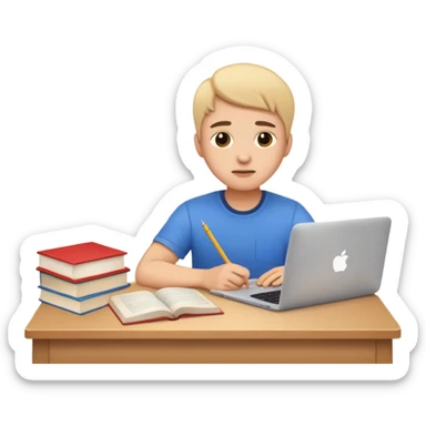 emoji student studying at home english books, macbook bored, room, white background sticker