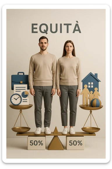 Uomo e donna in piedi l’uno accanto all’altra, al centro di una bilancia perfettamente in equilibrio. Entrambi vestiti in modo simile (moderno e neutro), con espressioni serene e rispettose. Sotto i loro piedi, due blocchi con scritto '50%' ciascuno. Sullo sfondo, elementi divisi simmetricamente: lavoro, famiglia, tempo libero, rappresentati equamente da entrambi. Atmosfera armoniosa, illuminazione equilibrata, colori neutri e simbolici (bianco, grigio, blu e oro). Stile realistico con accento simbolico sul concetto di equità in italiano sticker