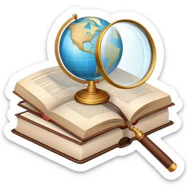 Icon for Non-Fiction Reading: an open book with pages filled with factual text, surrounded by a magnifying glass, a globe, and a stack of reports. The icon should convey the investigative and informative nature of documentary and non-fiction literature. Transparent background. sticker