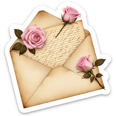 An antique handwritten letter with dried light pink roses and a golden wax seal, vintage aesthetic. sticker