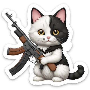 black and white cat with an ak47 gun sticker