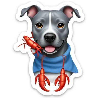 Blueish gray Staffy with a red lobster toy  sticker