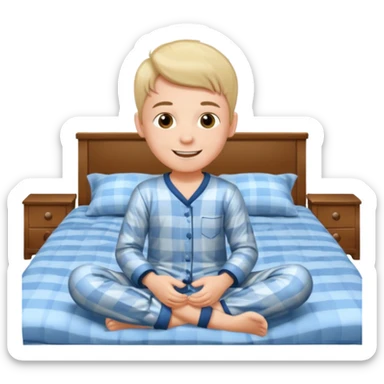 emoji- of a smiley boy sitting on the bed with legs on the floor sticker