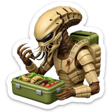 The Predator with full armor and mask eating an Alien facehugger from a lunchbox, the setting should be dark and real. sticker