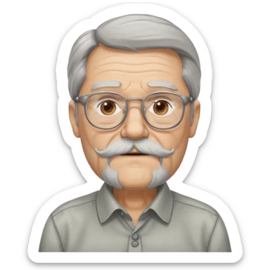 old man with long hair and beard wearing glasses with shirt sticker