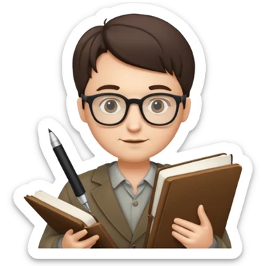 writer holding big pen in hand and book in other hand, wearing glasses sticker