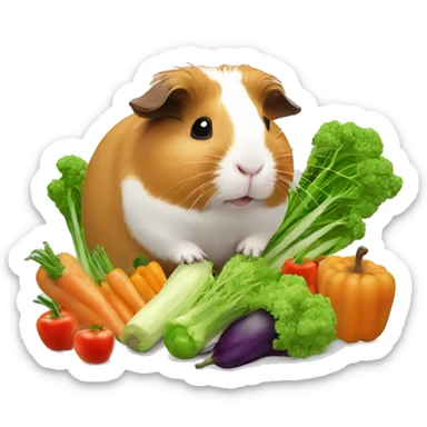 Guineapig eating a huge pile of veggies and fruit sticker