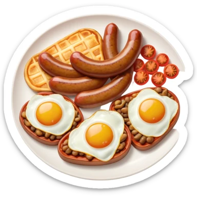 English Breakfast Cinematic Realistic English Breakfast Dish Emoji, depicted as a hearty plate featuring 2 sizzling sausages, a central serving of baked beans, 2 perfectly fried eggs, 2 sliced grilled tomatoes, 2 grilled mushrooms, and a triangle-shaped hash brown, rendered with vivid textures and warm, inviting lighting. sticker