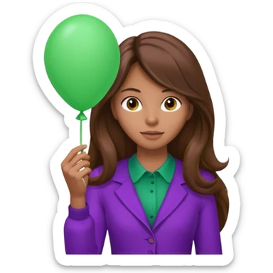 woman with long brown hair and purple costumes, holding green balloon sticker