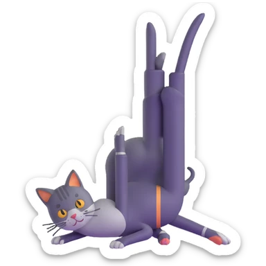 cat doing pigeon yoga pose with one leg bent in front and one leg stretched behind sticker