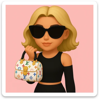 Remove all jewelry, make her lips a lighter pink, adjust her skin tone to be slightly more tan, and change the Louis Vuitton bag to a Speedy 30 Multicolore in white with rainbow monogram. Keep the pink background and sunglasses. sticker