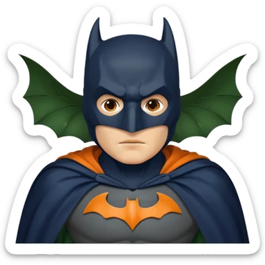 generate a batman emoji with just the face and neck showing and part of the cloak and and wings. Shade the bat logo on the chest in a medium green with a slight olive touch. Shade the mask in dark navy blue and the the cloak in a solid vibrant orange.

 sticker