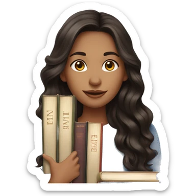 dark brunette long wavy hair highlights woman while holding stack of books sticker