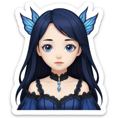 Gothic anime fairy with long beautiful black hair and dark blue dress, pastelcore, sticker