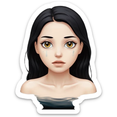 Woman submerged in black water, wet skin and eyes above surface, silent invitation sticker