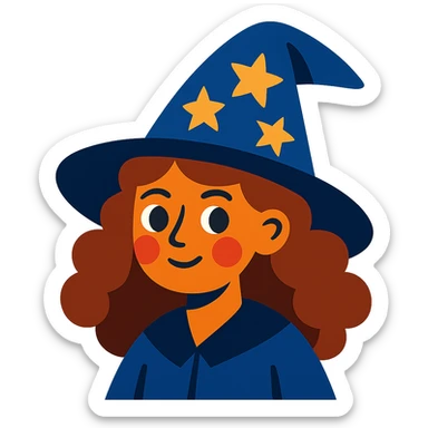 witch with caramel brown curly hair, wearing a starry hat sticker