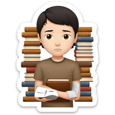 generate a pretty bratz fair skinned boy with short black hair wearing a brown tshirt surrounded by books n looking very sad sticker