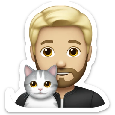 Blonde haired man with a black beard holding a white and gray cat sticker