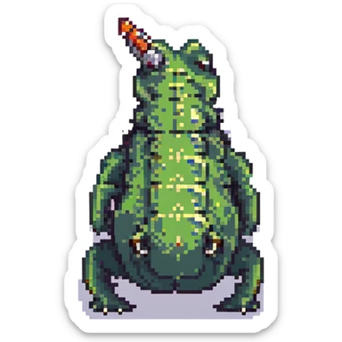 A pixel art crocodile with a bomb on its back, blocky design, retro colors sticker