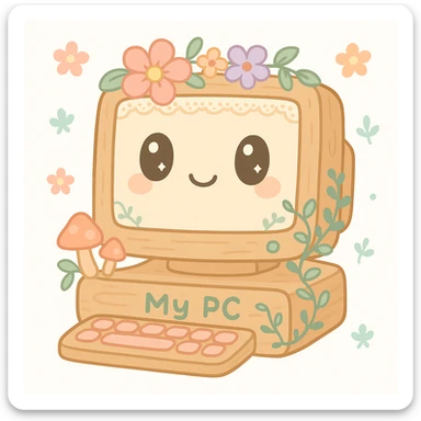 whimsical 'My PC' icon reimagined in cottagecore style: cozy wooden computer with floral accents, soft pastel colors, nature-inspired details like mushrooms, vines, and lace, blending technology with rustic, homey aesthetic sticker