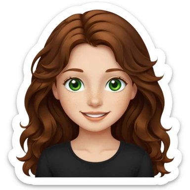 Girl with long wavy brown hair, green eyes, freckles and a black top on. Make her smile  sticker