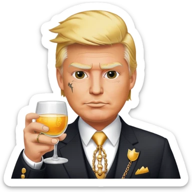 Trump in a suit, but with veneers, chains, and tattoos on his face. He is holding a glass in his hands. sticker