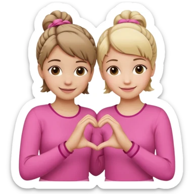 Two best friends making a heart shape with their hands together. One of them has blond hair which is shorter and the other has brown hair tied up. They are both wearing pink outfits. sticker