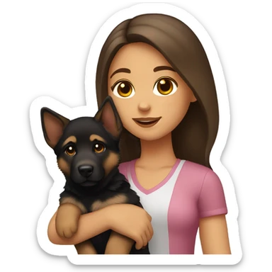 Girl with brown hair and brown eyes holding German shepherd puppy sticker