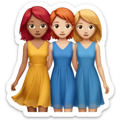 Can you create an image of 3 friends together one with red bright hair light skin one the other with brown hair with some blonde highlights in the hair fair skin the last one with light brown a tint of orange hair with flowy dresses sticker