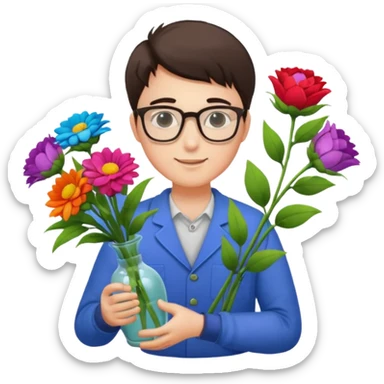Young male florist – wearing glasses, arranging flowers in a vase. sticker