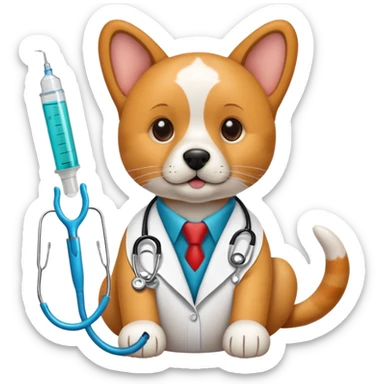 An icon featuring a stethoscope, a paw print, and a syringe, symbolizing veterinary medicine. The design includes a dog and a cat, alongside medical tools, representing animal care, diagnosis, and treatment. Transparent background highlights the science of animal health and well-being. sticker