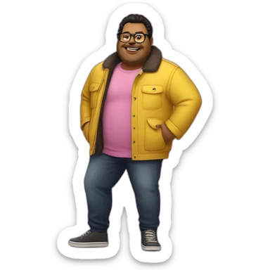 plus-sized man with dark hair, yellow long jacket, pink glasses. Show full lenght peson sticker