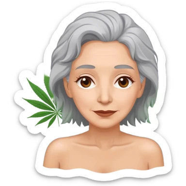 Middle aged, gray haired woman with brown eyes in a swimming pool with marijuna sticker