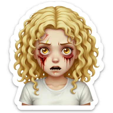 Zombie girl, curly long hair with golden locks, with bruises on her face, wearing a white t-shirt sticker