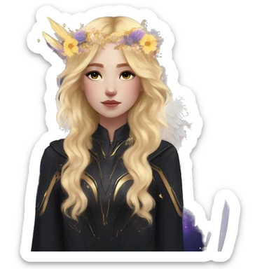 Ethereal galaxy constellation girl blonde hair angel raven wings black wings, gold arrow, nebula, flower crown sticker