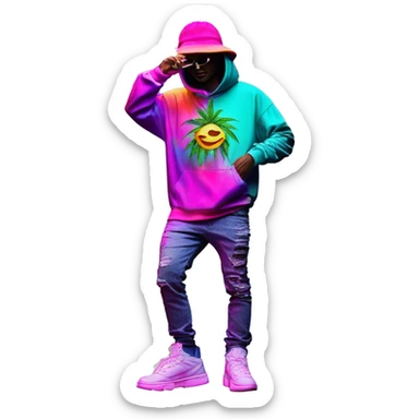 Hemp leaves Multicoloured neon person smoking wearing hoodie dancing hip hop bucket hat tropical Skater fashion aesthetic baggy clothes graphic t shirt 420 sticker