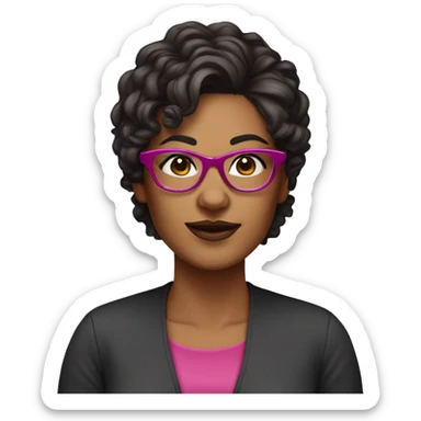 40 years old woman with dark brown long hair ,slidly curly and a yorkie wearing glasses with a dark pink frames  sticker
