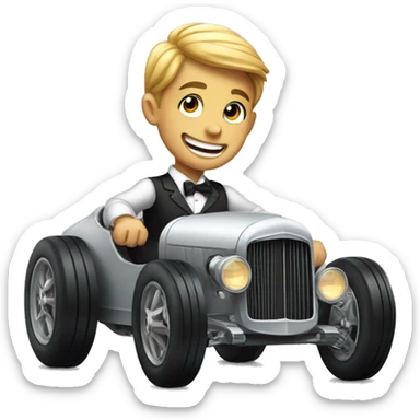 smiling boy in formal attire racing hot rod sticker