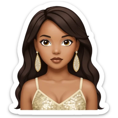 LeToya Luckett with long dark brown hair, ivory sequin crop top, ivory earring sticker